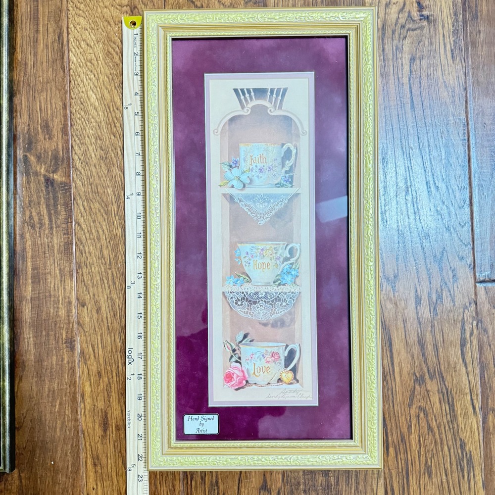 VTG Sandy Lynam Clough Hand Signed Faith Hope Love Teacup Framed Art Print 22x10